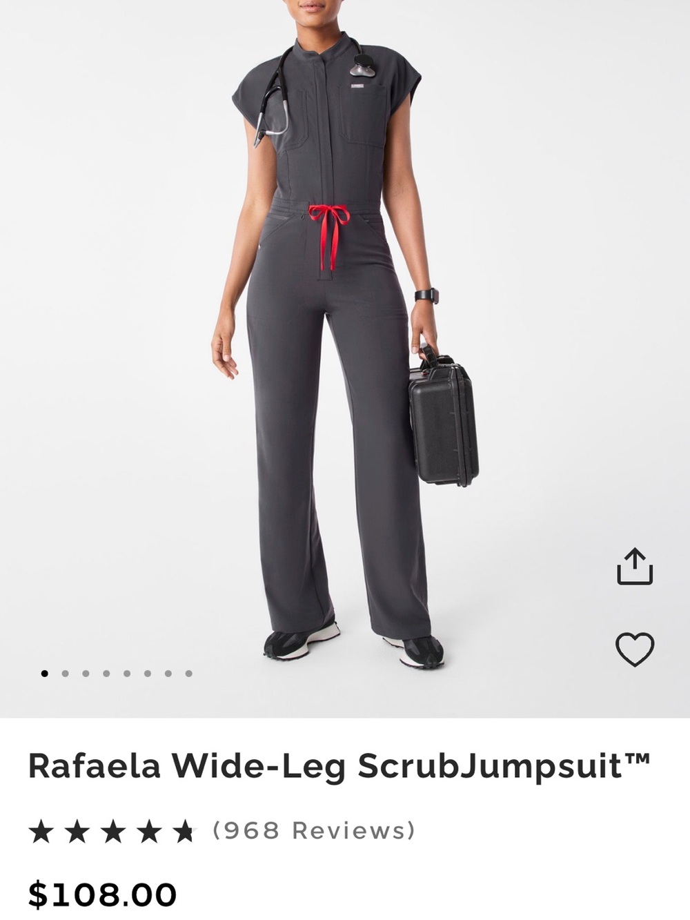 Figs Rafaela Wide-Leg Jumpsuit in Charcoal with Red Drawstring
